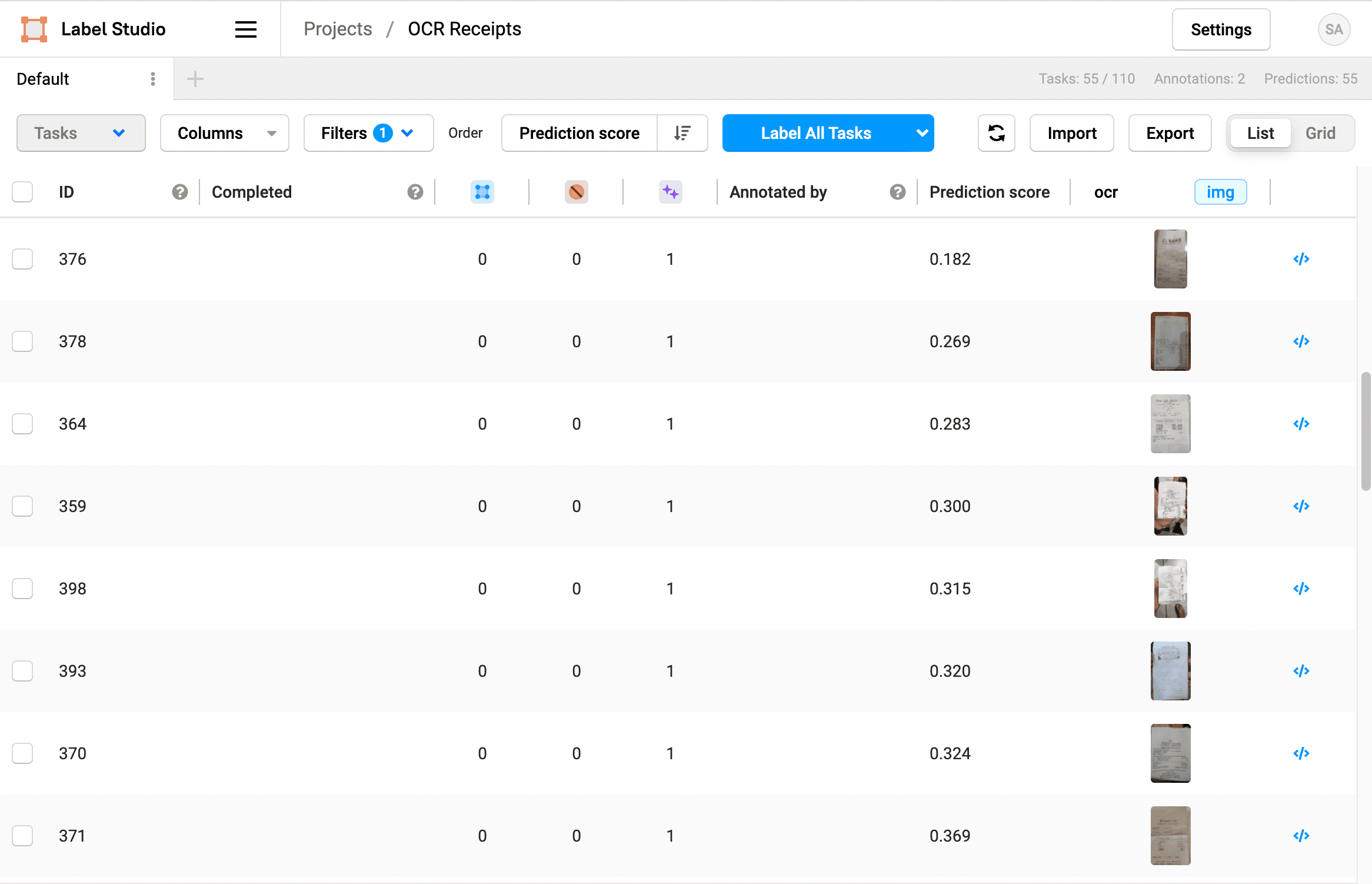 Screenshot of the Label Studio UI showing an OCR project including photographs of receipts, prediction scores, and other metadata for each labeling task.