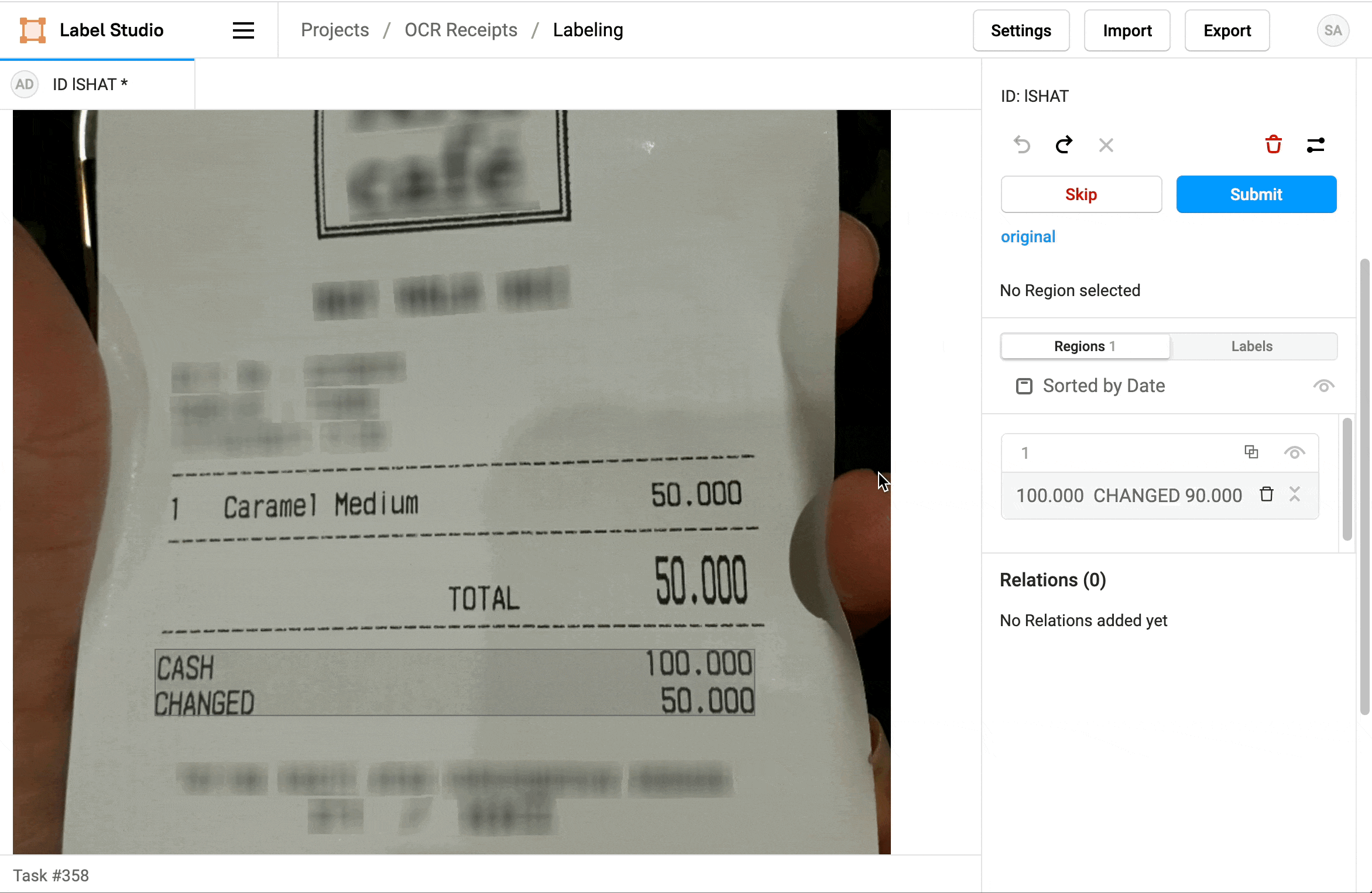 Gif of updating the recognized text for a region to match teh text on the image in the Label Studio UI.